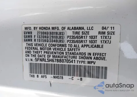 2011 Honda Odyssey Ex-L from USA, damaged, VIN 5FNRL5H67BB070541